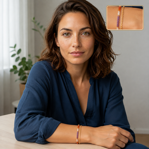Bracelet doré en améthyste, cornaline et cristal de roche porté en intérieur avec un détail agrandi