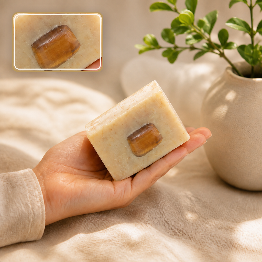 Savon verveine dans la main avec du lin et une branche verte, détail de la pierre dorée en encart
