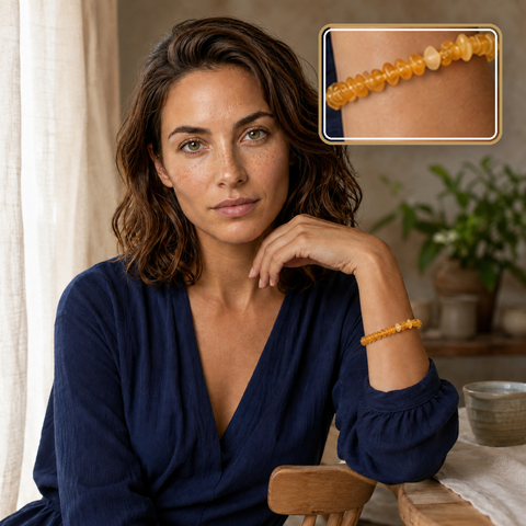 Bracelet en ambre jaune porté avec un haut bleu marine, détail en encart