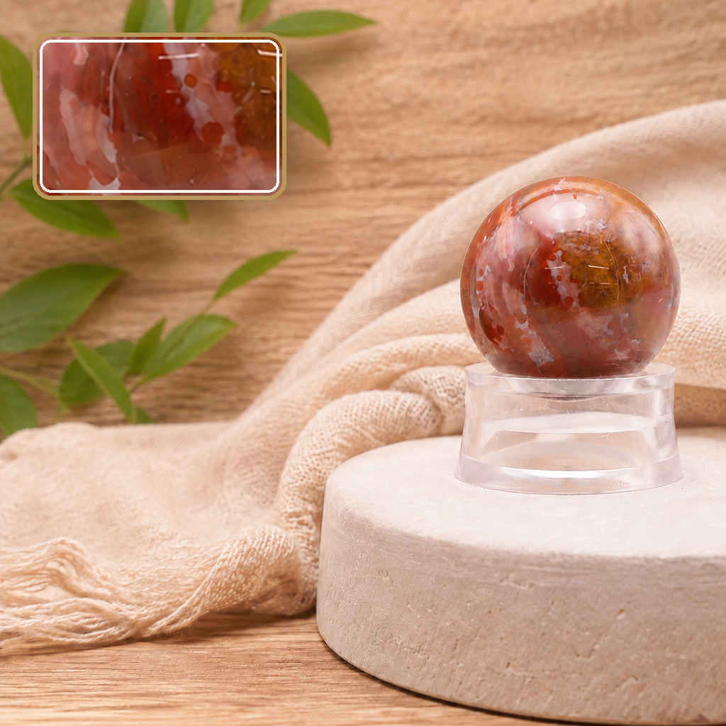 Sphère en agate indienne dans une scène calme, détail en encart