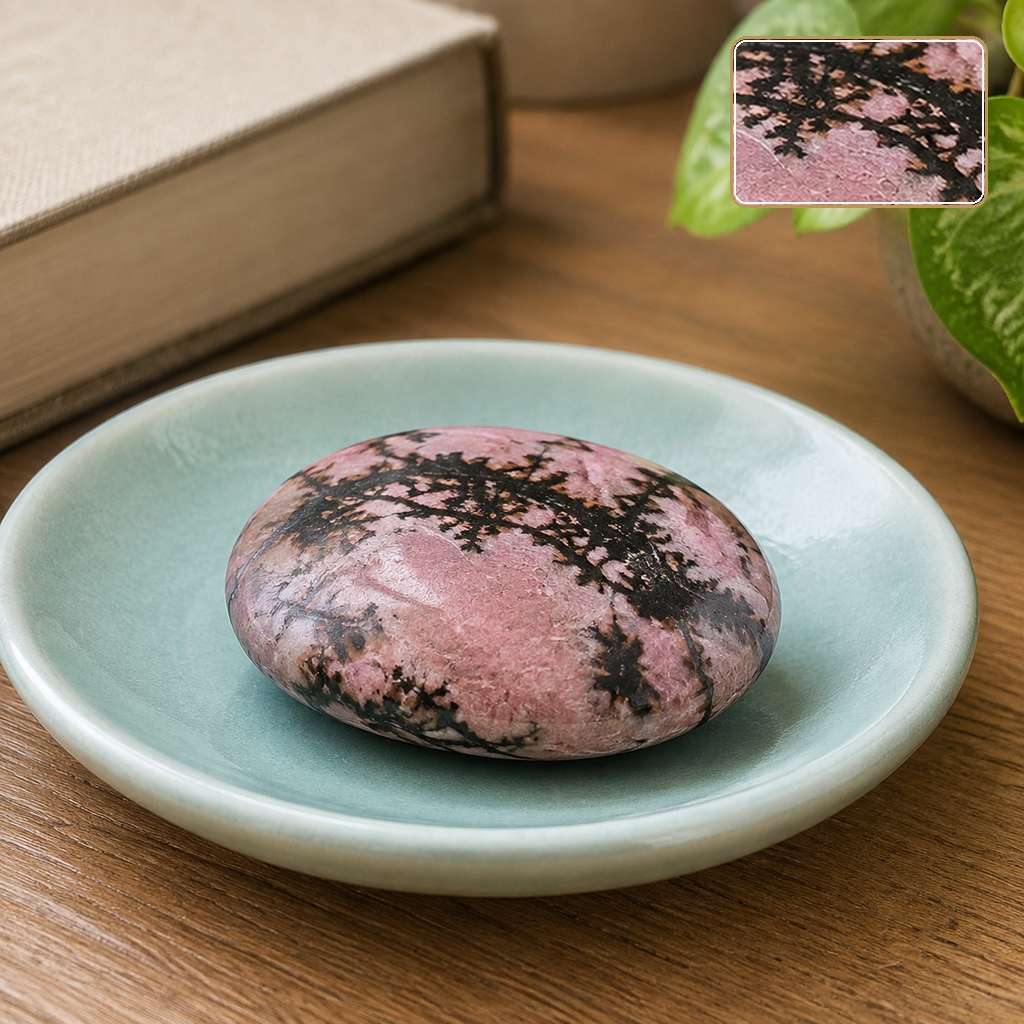 Pierre roulée en rhodonite - Galet de 45 mm posé près d’un carnet avec un détail agrandi