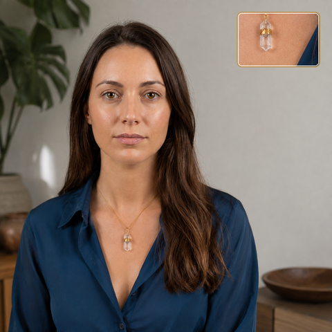Collier doré en cristal de roche porté en intérieur avec un détail agrandi