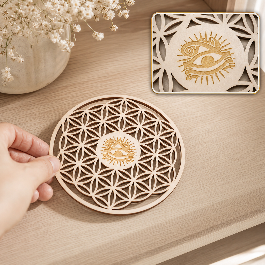 Plaque Fleur de Vie et Œil d'Horus en bois - 10 cm en contexte calme avec détail intégré