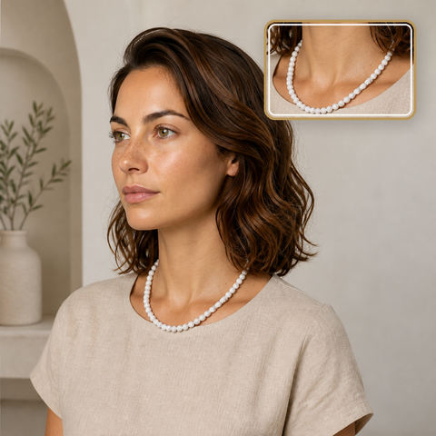 Collier en howlite blanche 8 mm - 45 cm, porté dans une scène calme avec détail intégré