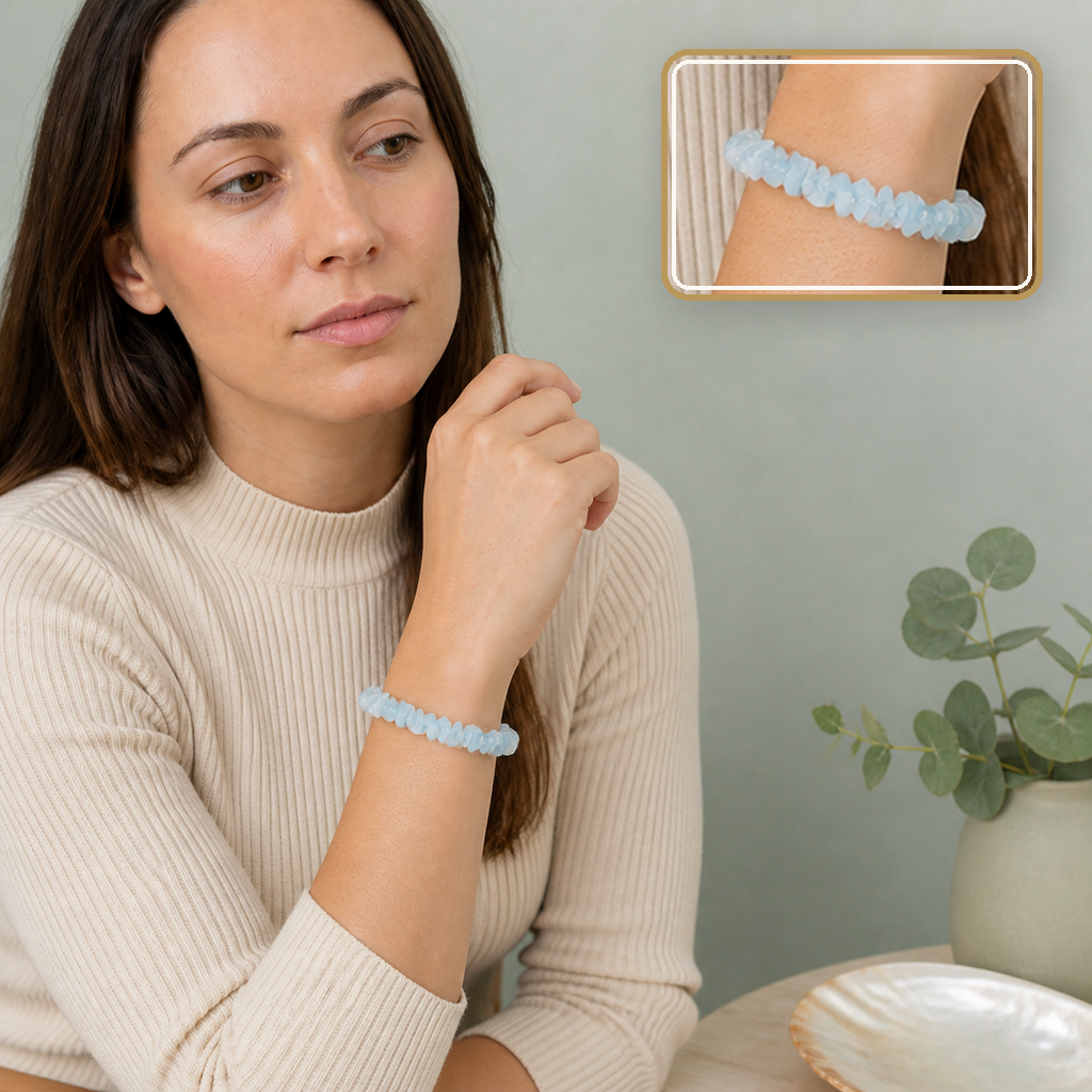 Bracelet baroque en aigue-marine du Brésil AA - 16 à 18 cm, mise en situation calme avec détail intégré
