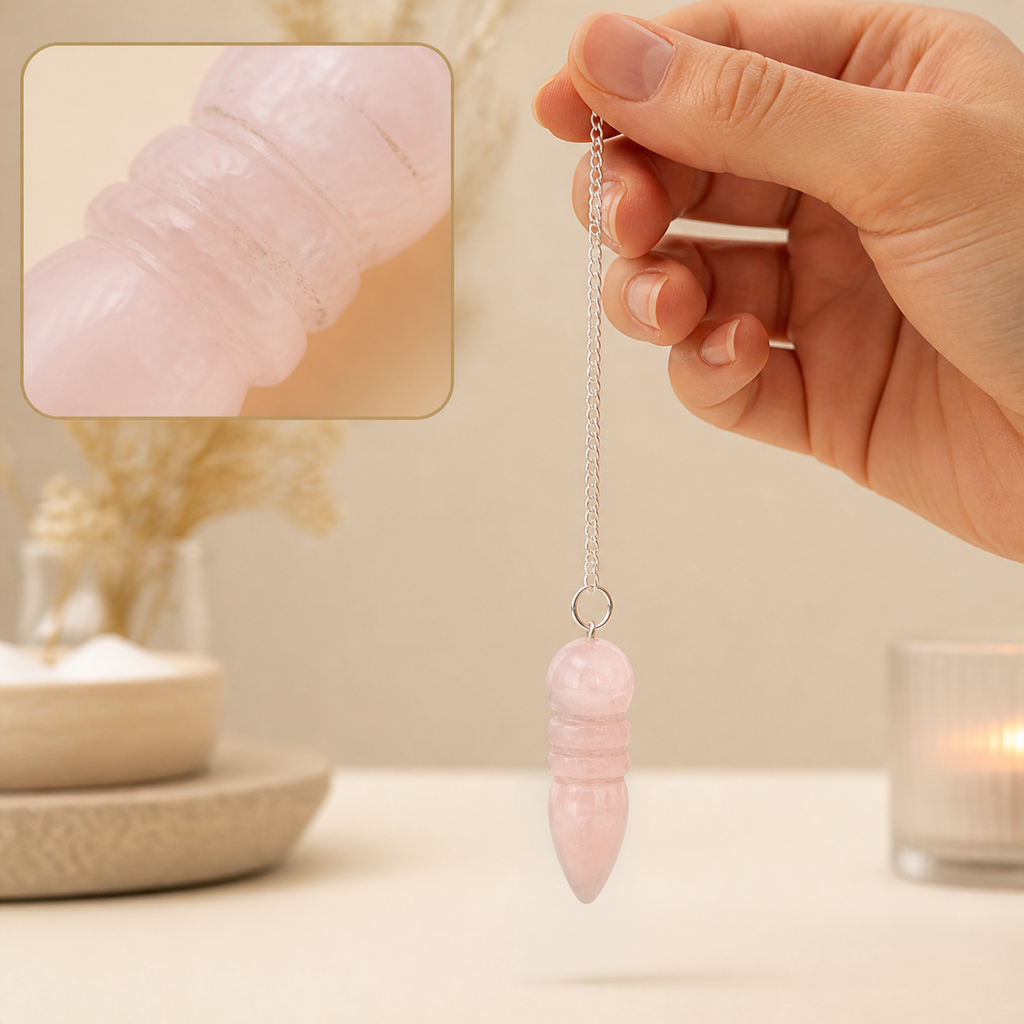 Pendule égyptien en quartz rose du Brésil en contexte calme avec détail intégré