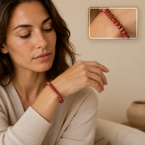 Bracelet baroque en jaspe rouge - 16 à 18 cm, mise en situation calme avec détail intégré