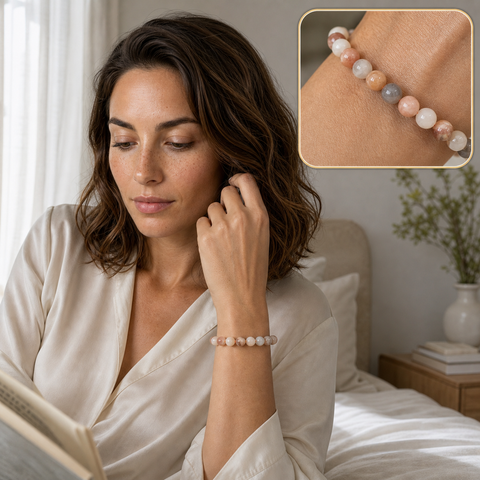 Bracelet en pierre de lune multicolore 10 mm - 16 à 18 cm, mise en situation avec Chloé et macro intégrée