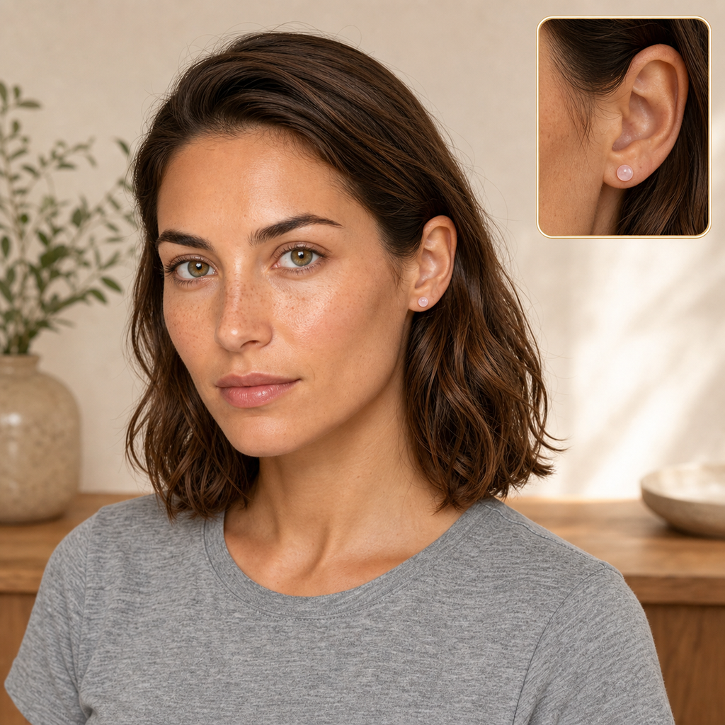 Boucles d'oreilles puces en quartz rose 8 mm, mise en situation avec Chloé et macro intégrée
