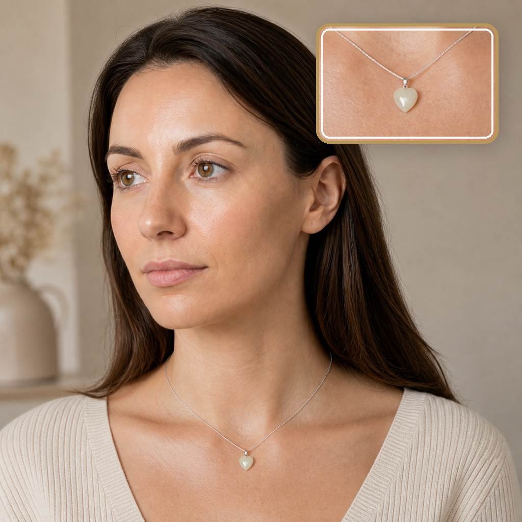 Pendentif cœur en jade de Chine 15 mm, mise en situation calme avec détail intégré