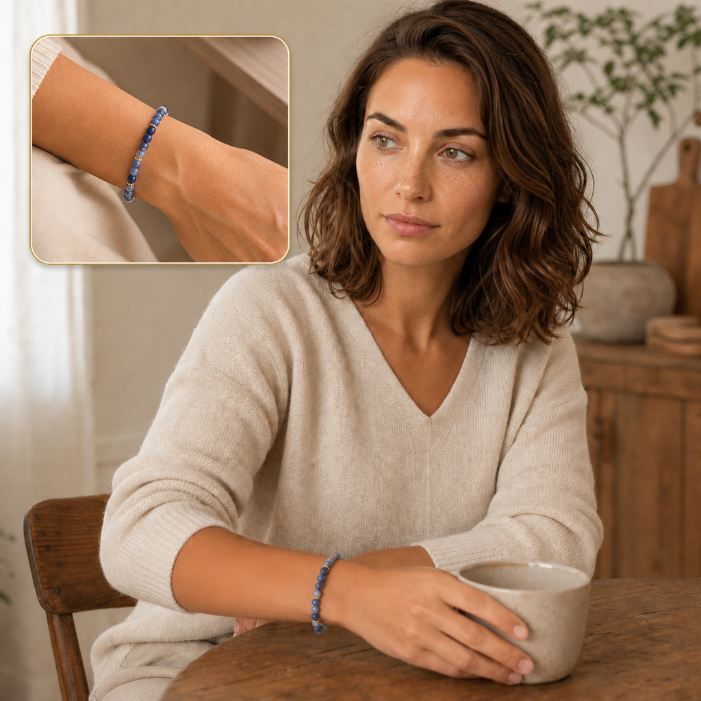 Bracelet Halo doré en sodalite 4 mm, mise en situation avec Chloé et macro intégrée