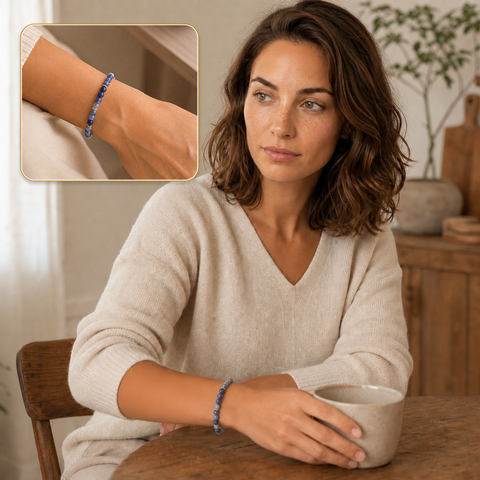 Bracelet Halo doré en sodalite 4 mm, mise en situation avec Chloé et macro intégrée