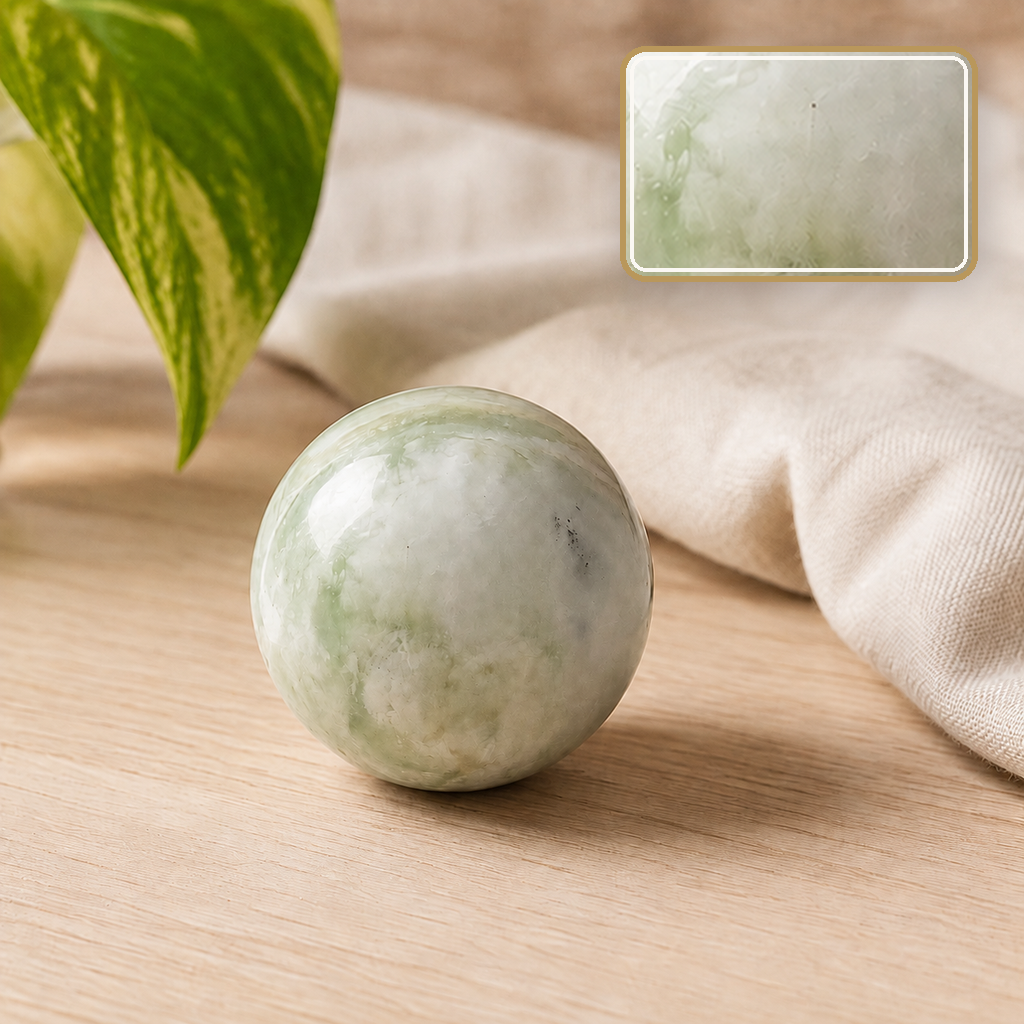 Sphère en jade de Chine dans une scène calme, détail en encart