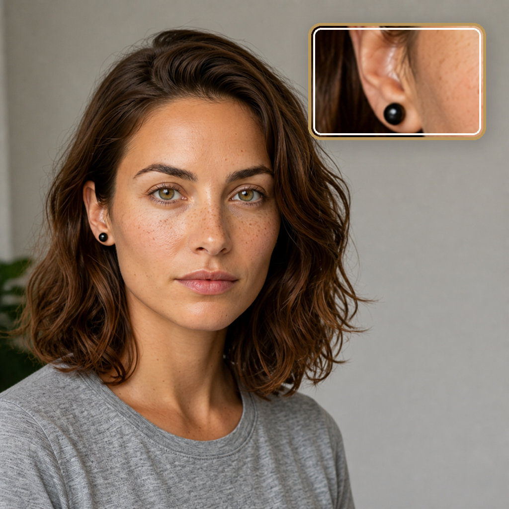 Boucles d'oreilles puces en obsidienne noire - 10 mm, porté dans une scène calme avec détail intégré