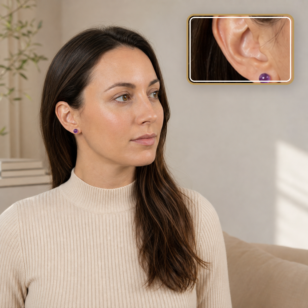 Boucles d'oreilles puces en améthyste - 8 mm, porté dans une scène calme avec détail intégré