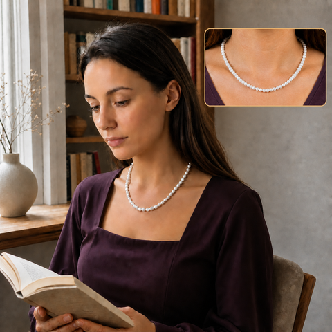 Collier en howlite blanche 6 mm - 45 cm, mise en situation avec Elena et macro intégrée
