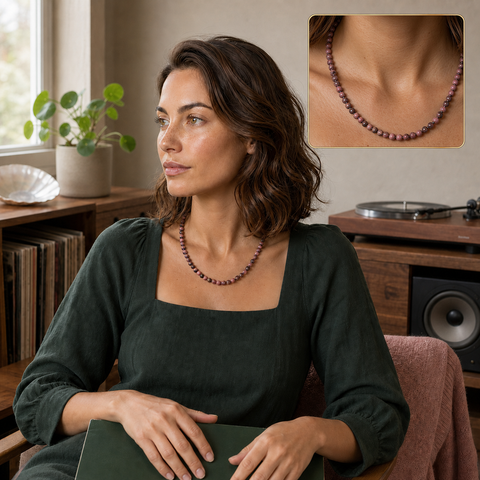 Collier en rhodonite de Madagascar 6 mm - 45 cm, mise en situation avec Chloé et macro intégrée
