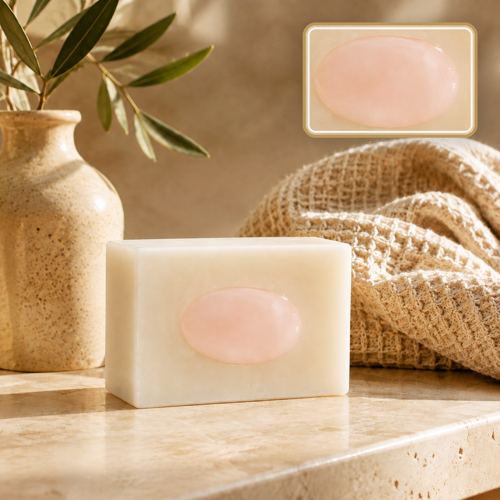 Savon à l’argan posé sur une pierre claire près d’une branche verte, détail de la pierre en encart