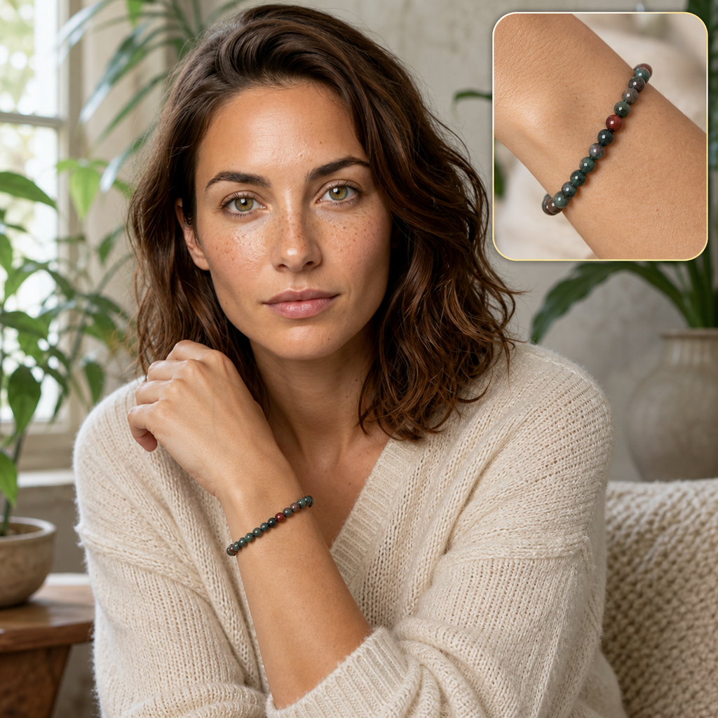 Bracelet en jaspe héliotrope du Brésil 6 mm - 16 à 18 cm, mise en situation avec Chloé et macro intégrée