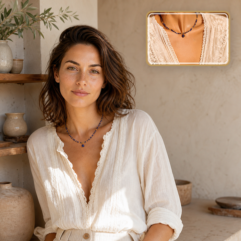 Collier doré en sodalite facettée - 38 à 43 cm, mise en situation avec Chloé et macro intégrée