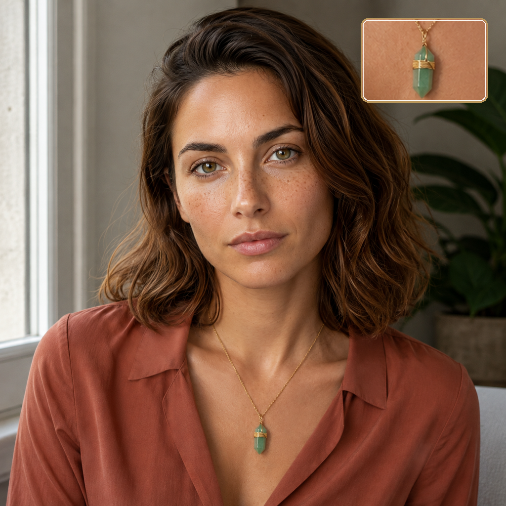 Collier doré en aventurine verte porté en intérieur avec un détail agrandi