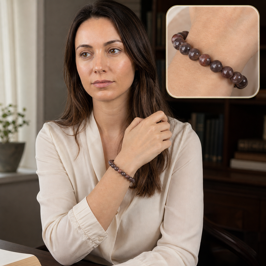 Bracelet en pierre de soleil noire orangée 10 mm - 16 à 18 cm, mise en situation avec Elena et macro intégrée