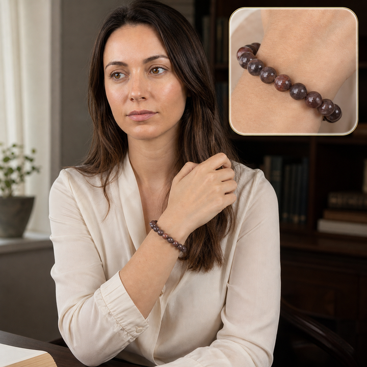 Bracelet en pierre de soleil noire orangée 10 mm - 16 à 18 cm, mise en situation avec Elena et macro intégrée