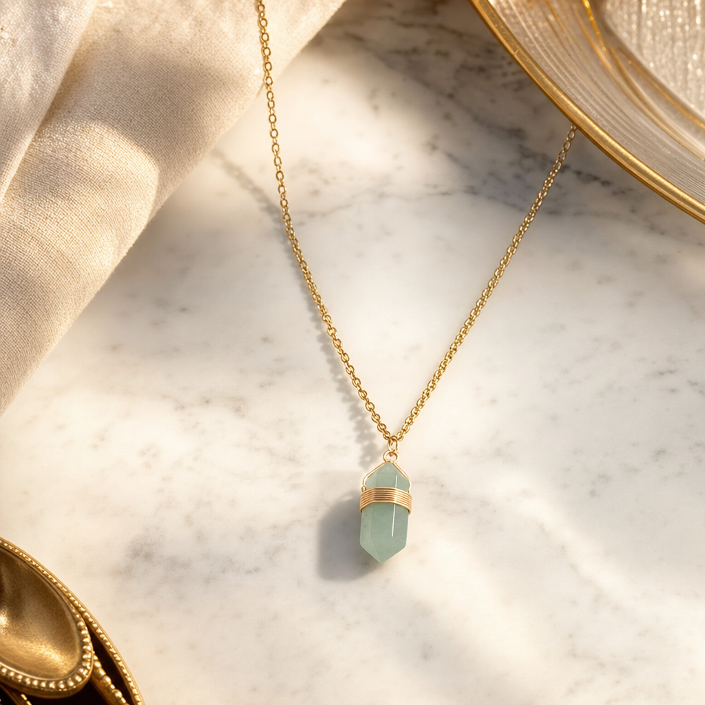 Collier boho aventurine verte posé sur une coiffeuse lumineuse