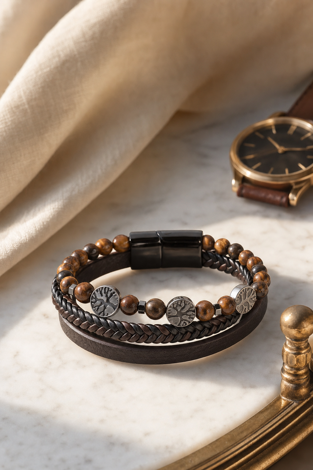 Bracelet en oeil de tigre posé sur une coiffeuse avec accessoires discrets