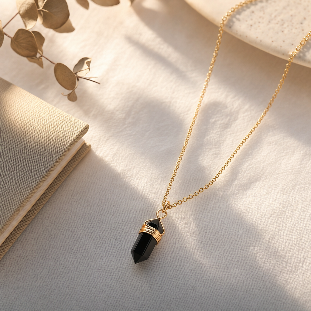 Collier obsidienne noire doré posé sur une coiffeuse claire