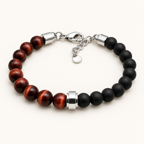 Bracelet Unys argenté en onyx et œil de taureau sur fond Nacre MilAura
