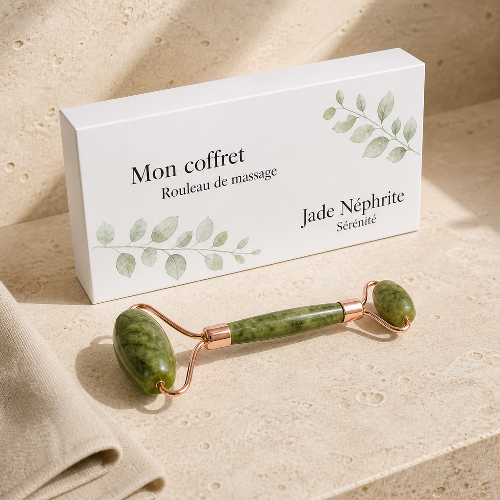 Coffret roller jade et boîte dans un décor de soin minimaliste