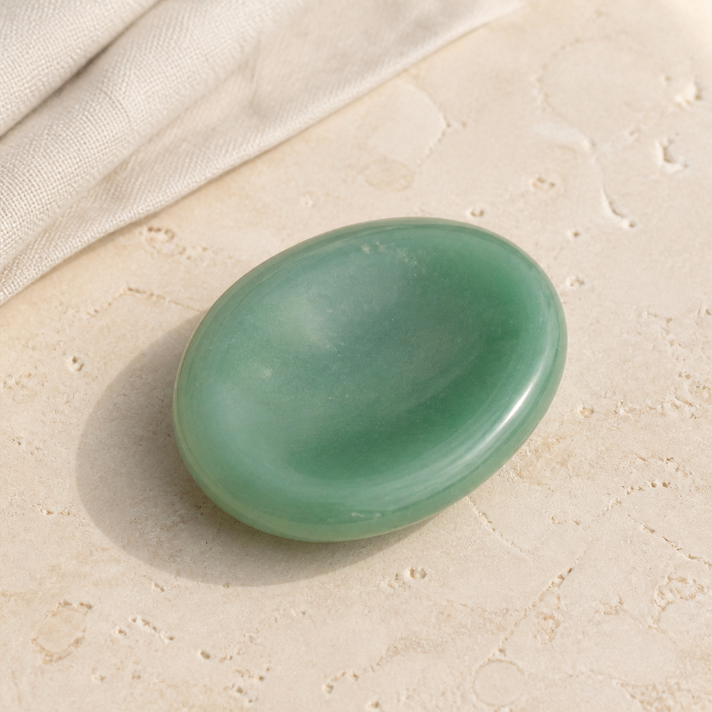 Pierre roulée en aventurine verte - Galet 45 à 50 mm dans un décor minéral sobre