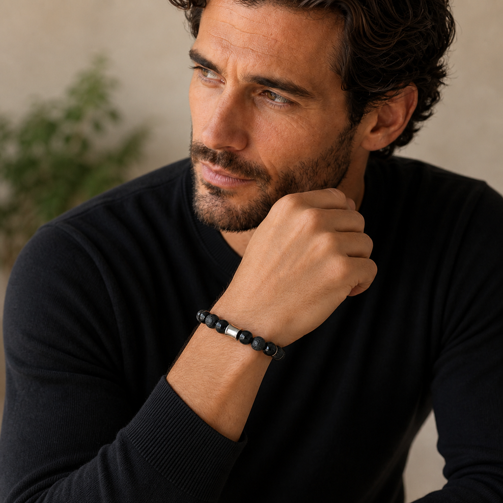 Bracelet Kahel argenté en onyx et pierre de lave 8 mm porté par milaura-male-01 dans une seconde pose