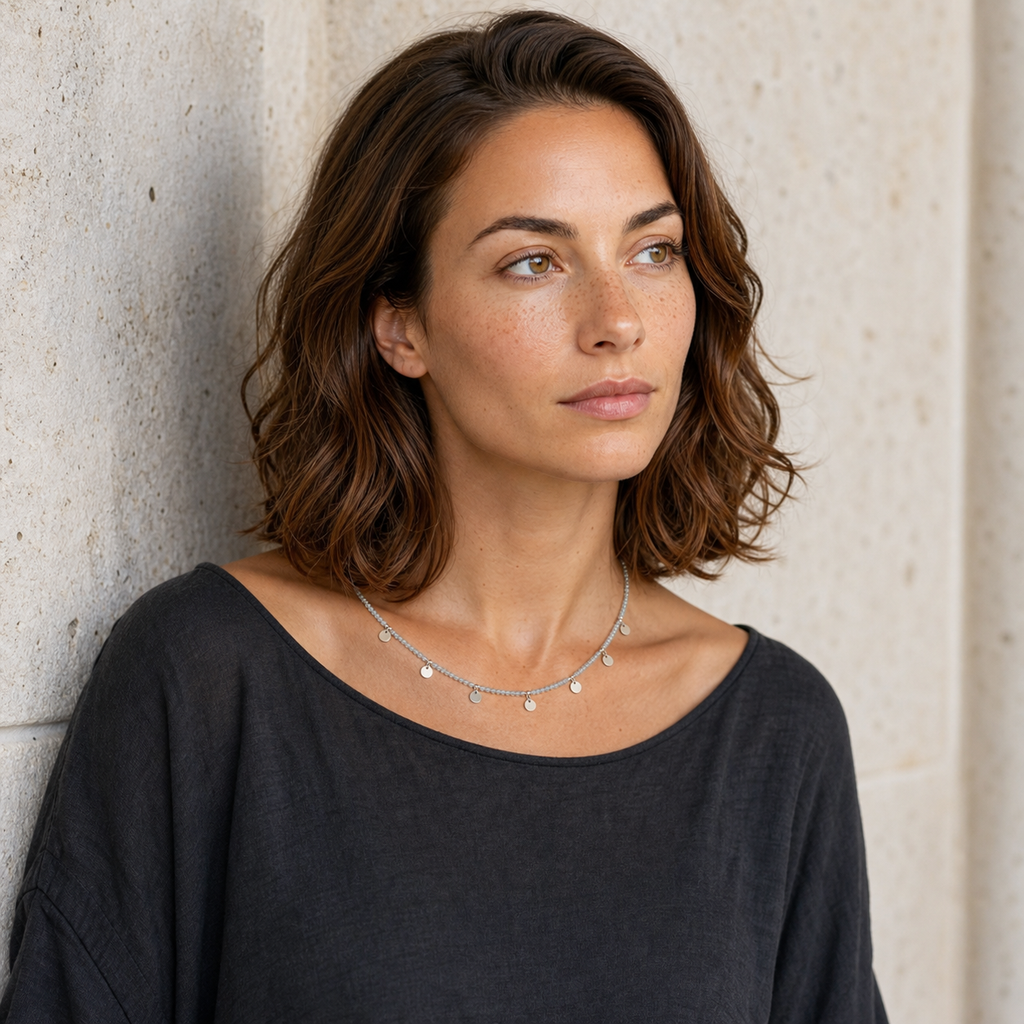 Collier Nuage argenté en aigue-marine 4 mm - 40 à 45 cm porté par Chloé dans une seconde pose