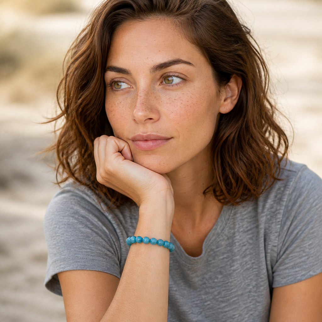 Bracelet en apatite bleue 6 mm - 14 à 16 cm porté par Chloé dans une seconde pose