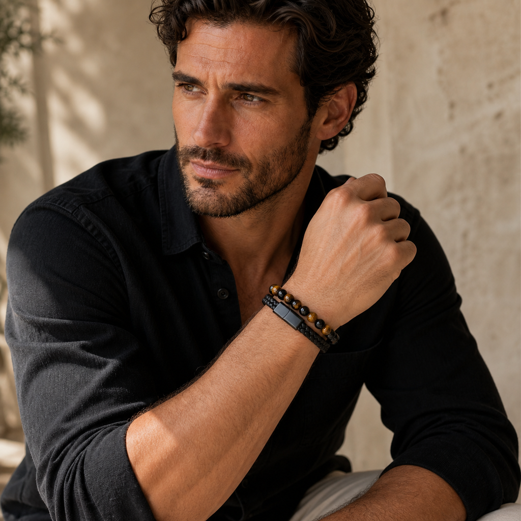 Bracelet Aska noir en oeil de tigre et onyx 6 mm porté par le modèle masculin MilAura milaura-male-01 dans une seconde pose
