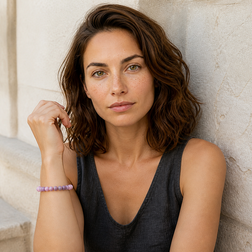 Bracelet en lépidolite 8 mm - 16 à 18 cm porté par Chloé dans une seconde pose