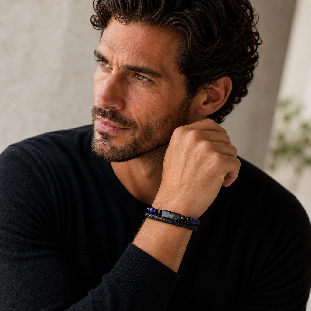 Bracelet Aska noir en lapis-lazuli et onyx porté par milaura-male-01 dans une seconde pose