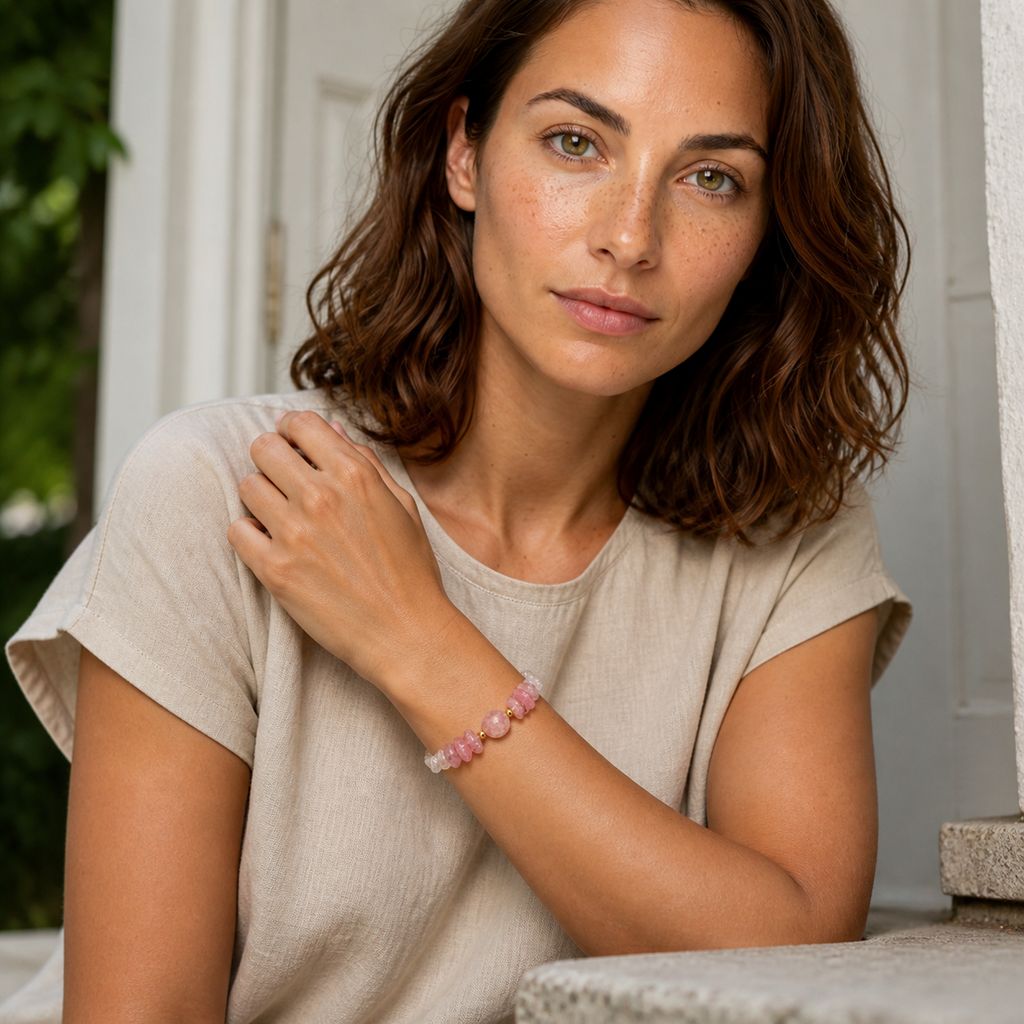 Bracelet Calysta doré en quartz rose et cristal de roche porté par Chloé dans une seconde pose