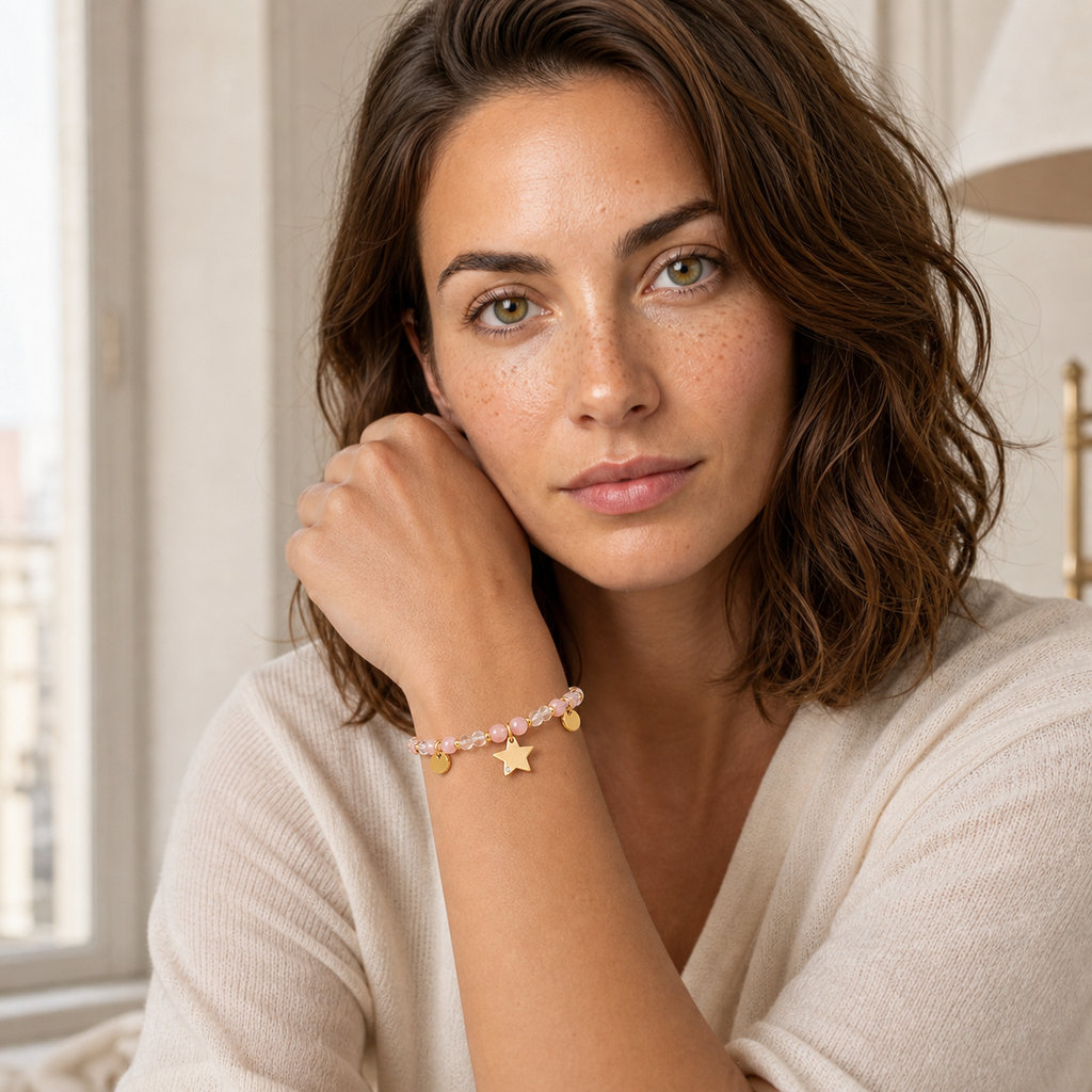 Bracelet Mira doré en quartz rose et cristal de roche porté par Chloé dans une seconde pose