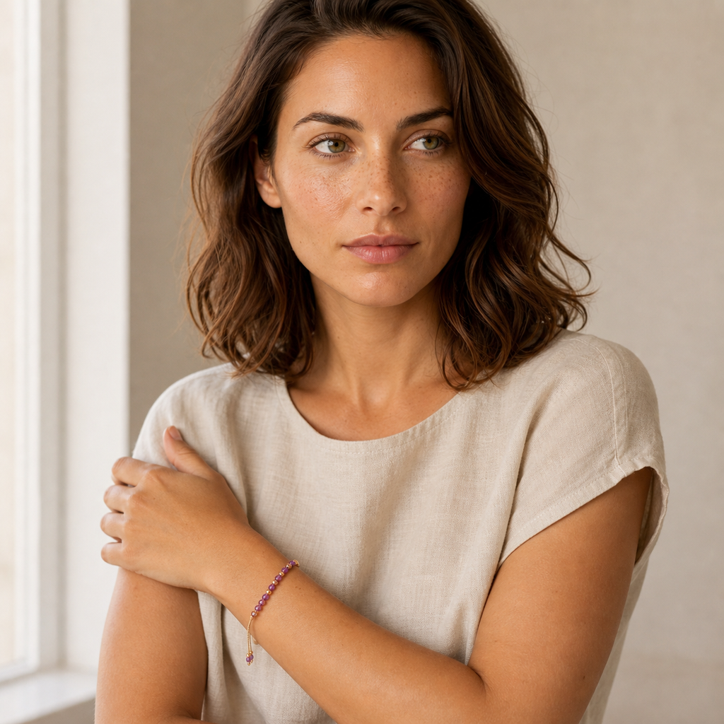 Bracelet Murmure doré en améthyste 4 mm porté par Chloé dans une seconde pose