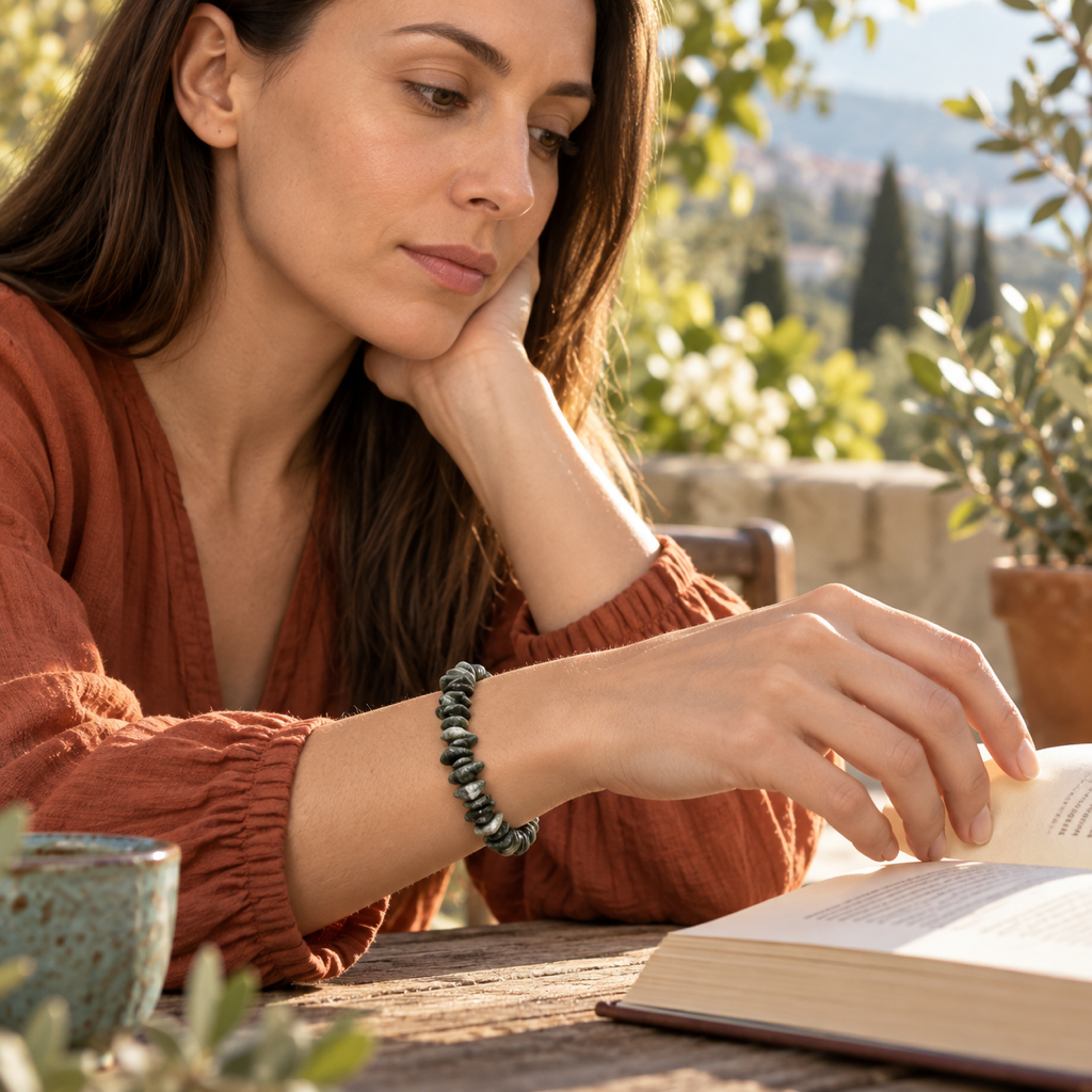 Bracelet en séraphinite porté dans une scène quotidienne lumineuse