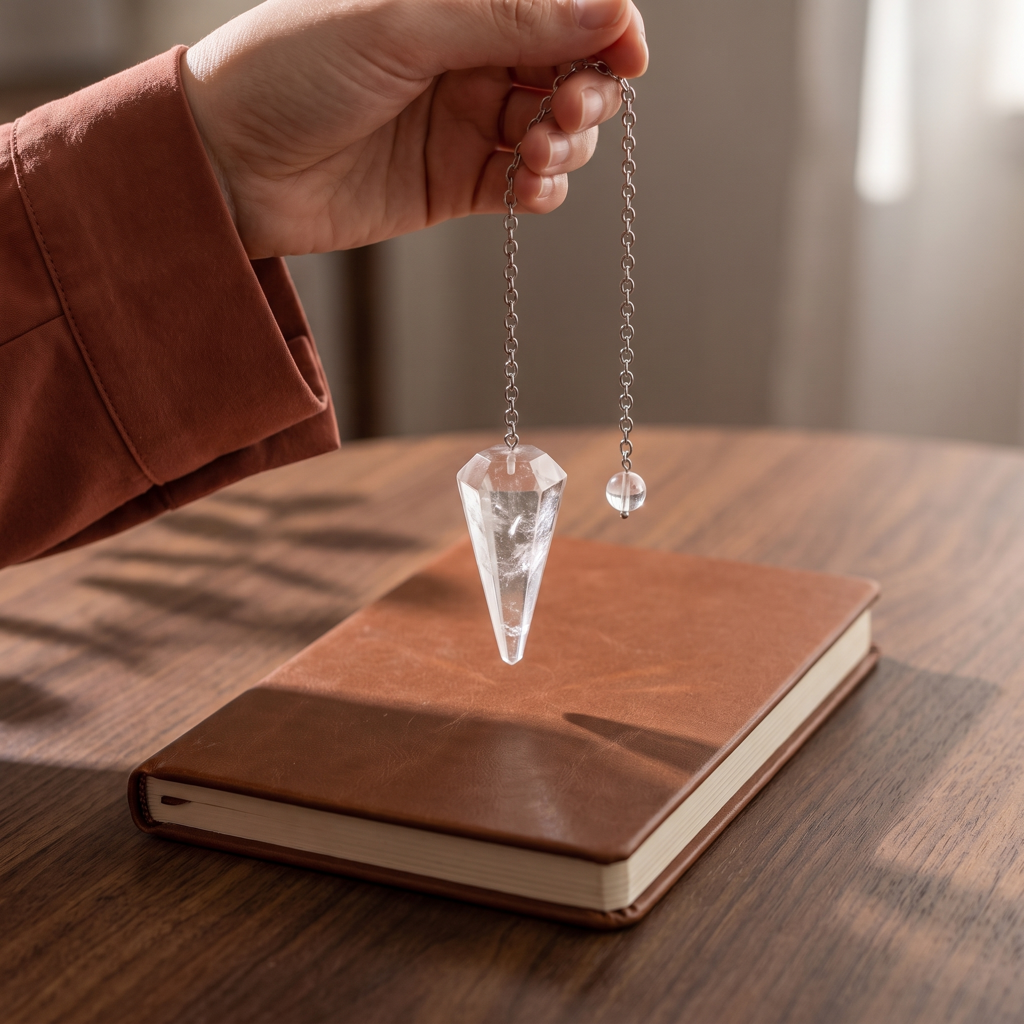 Pendule en cristal de roche utilisé près d'un carnet dans une lumière latérale