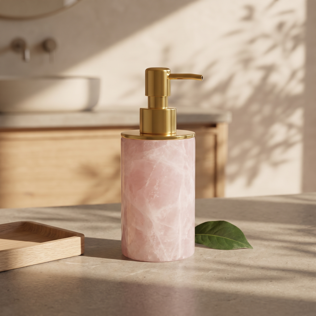 Distributeur de savon rose et doré près d'un lavabo en bois dans une scène lumineuse