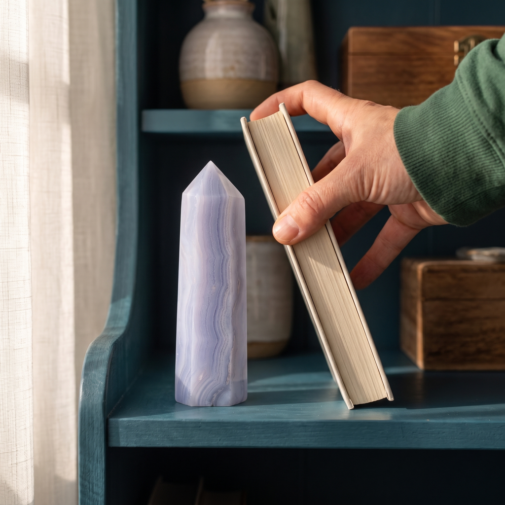 Pointe en calcédoine bleue dans un intérieur lumineux avec échelle réaliste