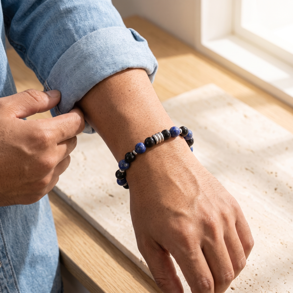 Bracelet homme bleu et noir porté avec une veste en denim dans une scène lumineuse