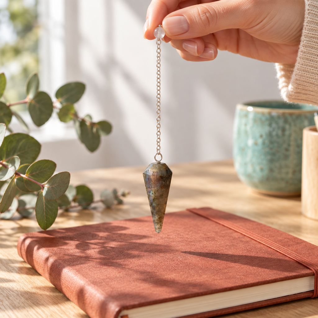 Pendule hexagonal en labradorite utilisé près d’un carnet sans texte