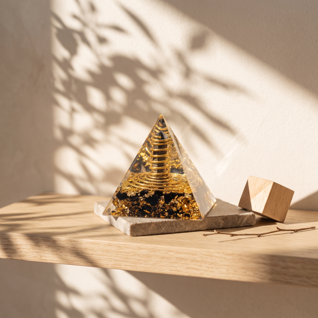 Pyramide orgonite de 60 mm présentée sur une étagère en bois dans une pièce lumineuse