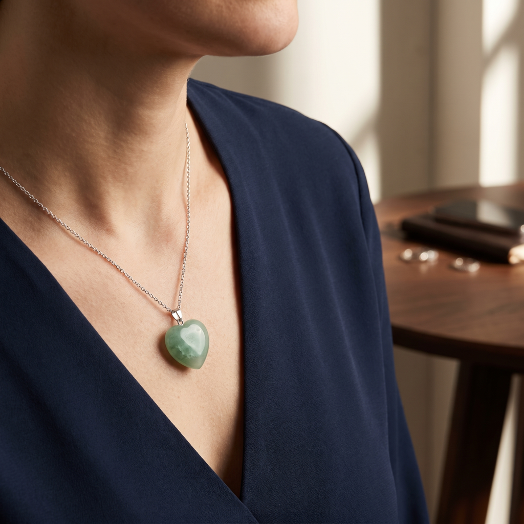 Pendentif cœur en aventurine verte porté dans une scène quotidienne lumineuse